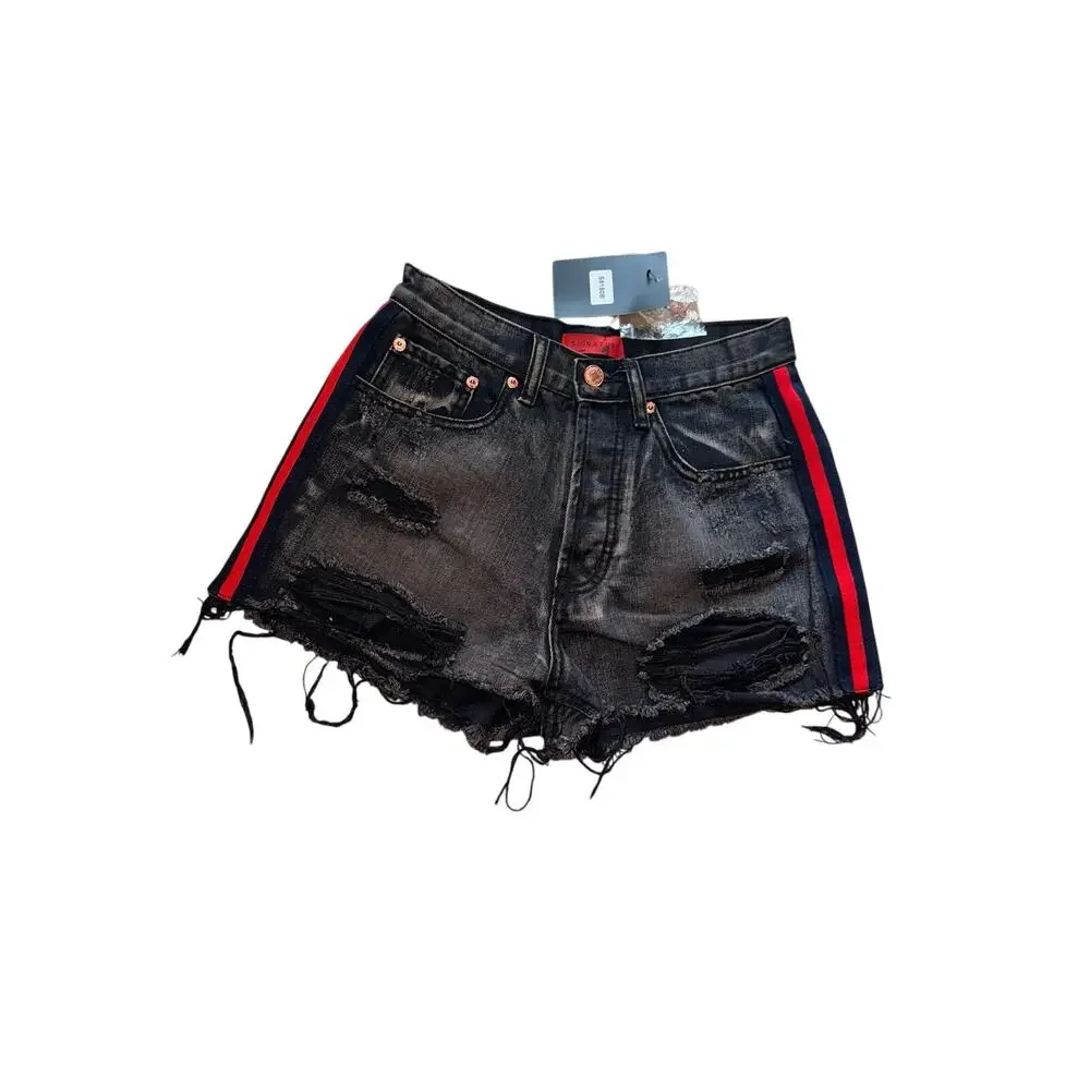 Signature 8 Black Distressed Denim Shorts Red & Black Side Stripe High Rise NWT